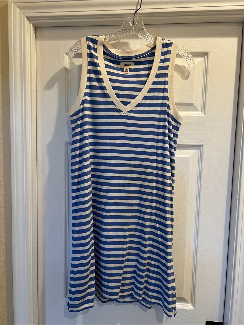 Pact Blue and Cream Striped V-Neck Tank Dress